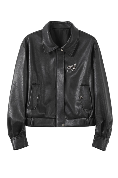 Leather Jacket / Asymmetric Check Pattern Skirt
