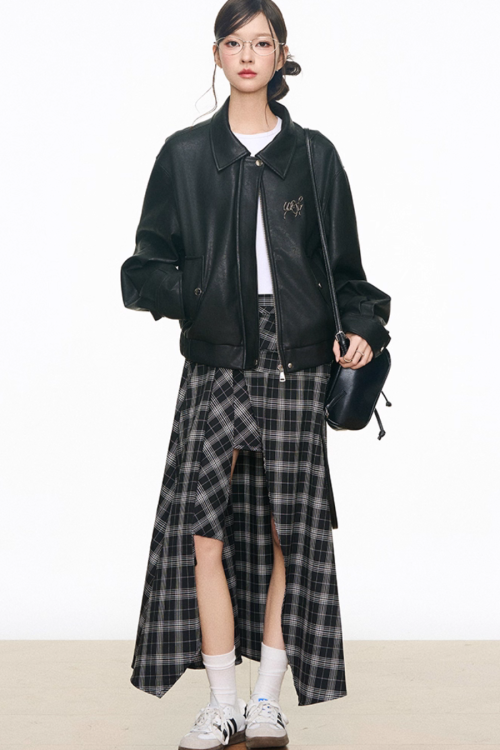 Leather Jacket / Asymmetric Check Pattern Skirt