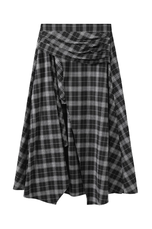 Leather Jacket / Asymmetric Check Pattern Skirt