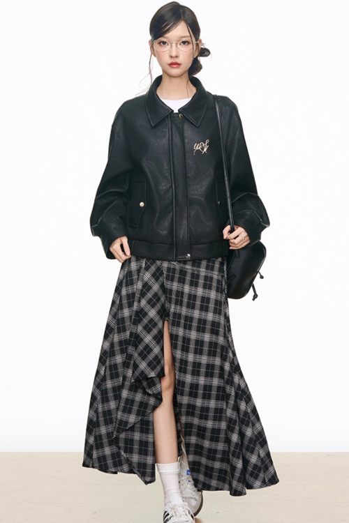 Leather Jacket / Asymmetric Check Pattern Skirt