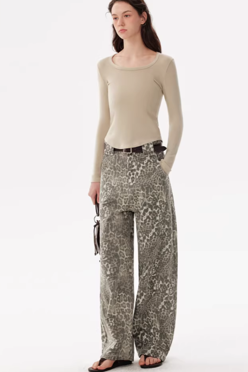 Leopard Washed Curved Pants