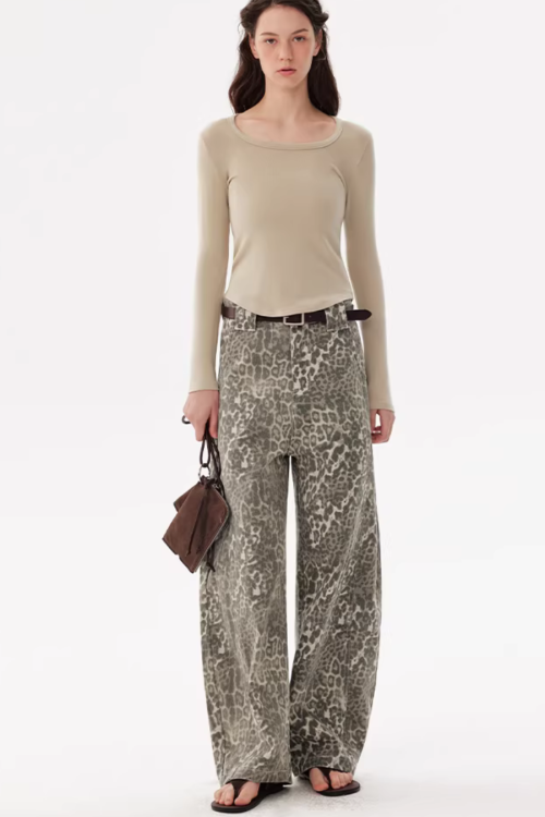 Leopard Washed Curved Pants