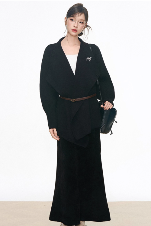 Loose Kni Cardigan Jacket / Slim Fit Mermaid Skirt / Waist Belt