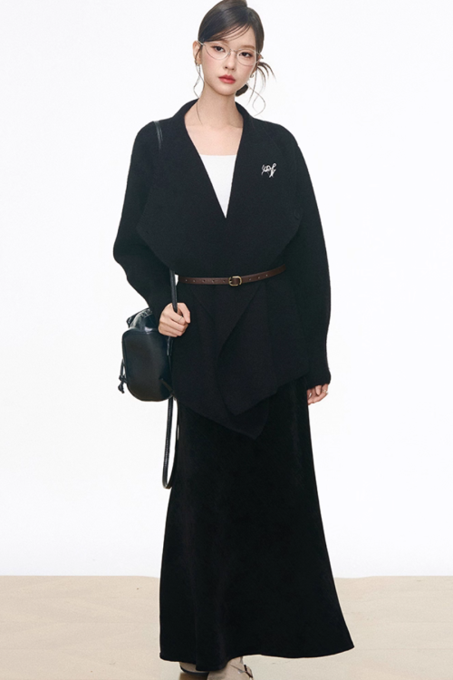 Loose Kni Cardigan Jacket / Slim Fit Mermaid Skirt / Waist Belt