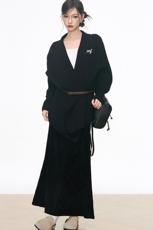 Loose Kni Cardigan Jacket / Slim Fit Mermaid Skirt / Waist Belt