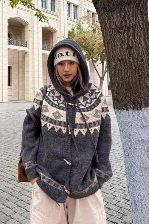 Nordic Pattern Hood Cardigan