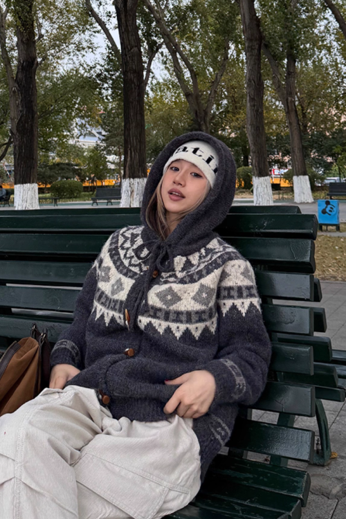 Nordic Pattern Hood Cardigan