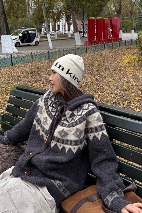 Nordic Pattern Hood Cardigan