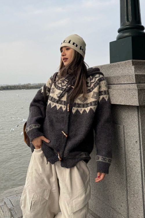 Nordic Pattern Hood Cardigan