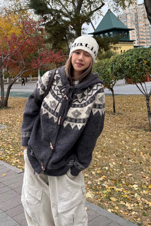 Nordic Pattern Hood Cardigan