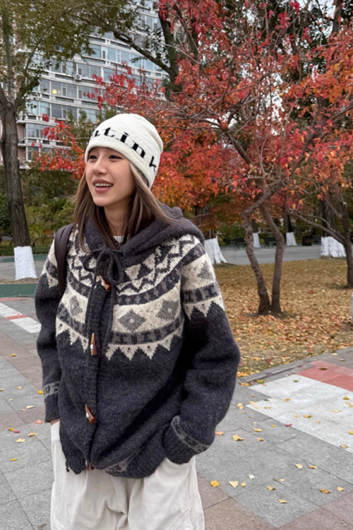 Nordic Pattern Hood Cardigan