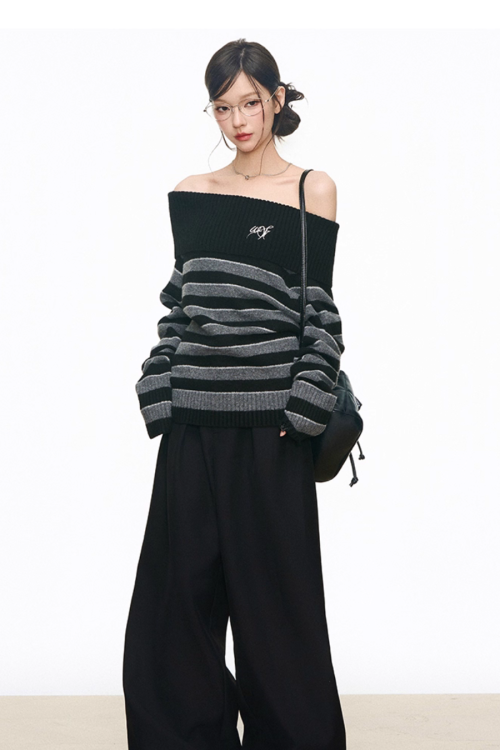 Off Shoulder Sweater Top / Wide Long Pants