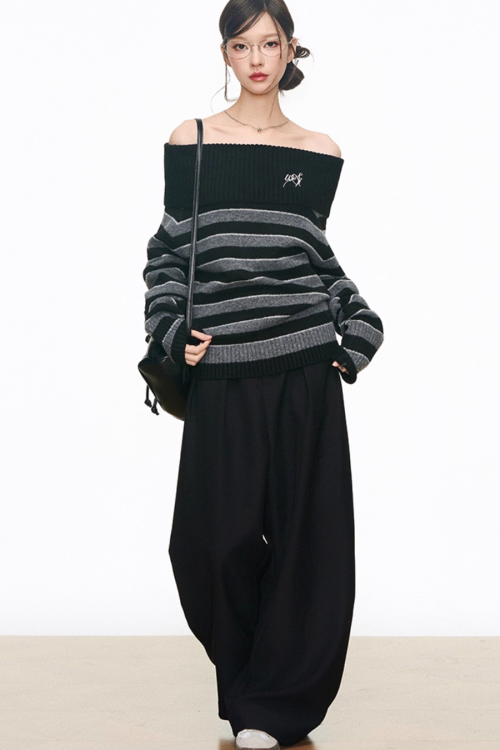 Off Shoulder Sweater Top / Wide Long Pants