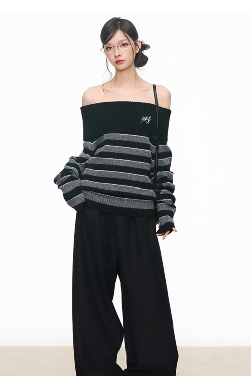 Off Shoulder Sweater Top / Wide Long Pants