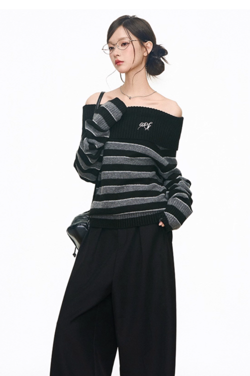 Off Shoulder Sweater Top / Wide Long Pants