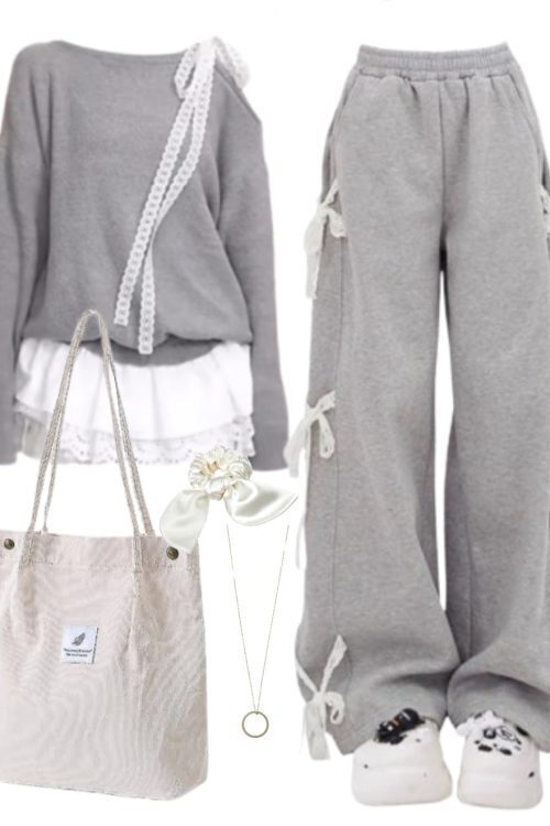 OOTD: Lace Tie Knitted Tee + Bow Tie Sweatpants + Corduroy Tote Bag