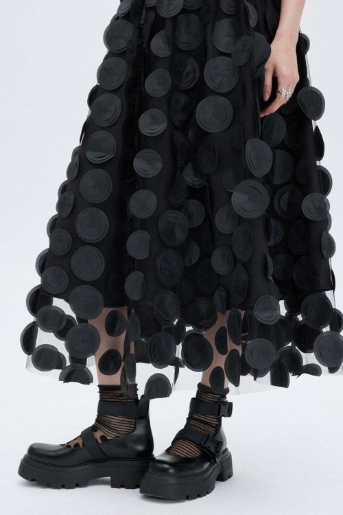 Patch Embroidered Flared Mesh Skirt