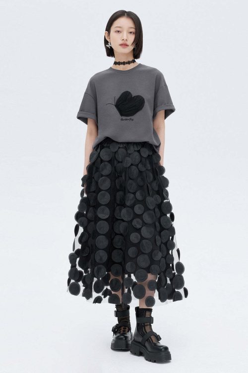 Patch Embroidered Flared Mesh Skirt