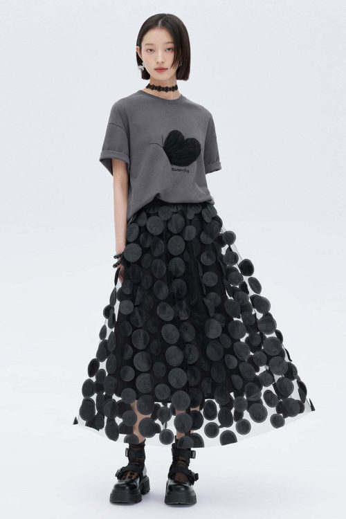 Patch Embroidered Flared Mesh Skirt