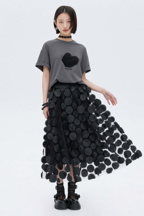 Patch Embroidered Flared Mesh Skirt