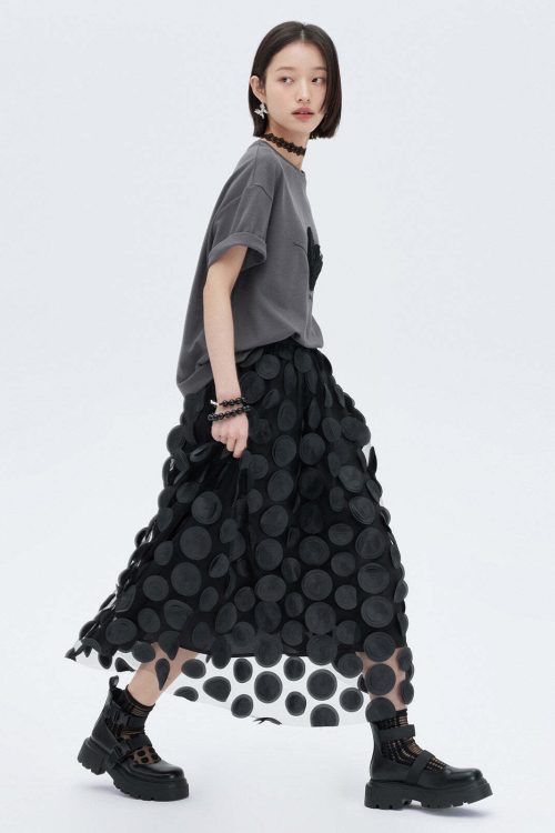Patch Embroidered Flared Mesh Skirt