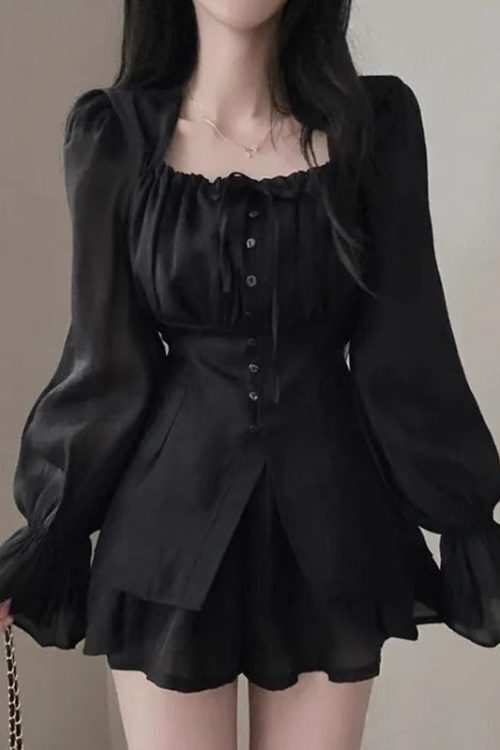 Patchwork Coquette Bow Long Sleeve Two Piece Set