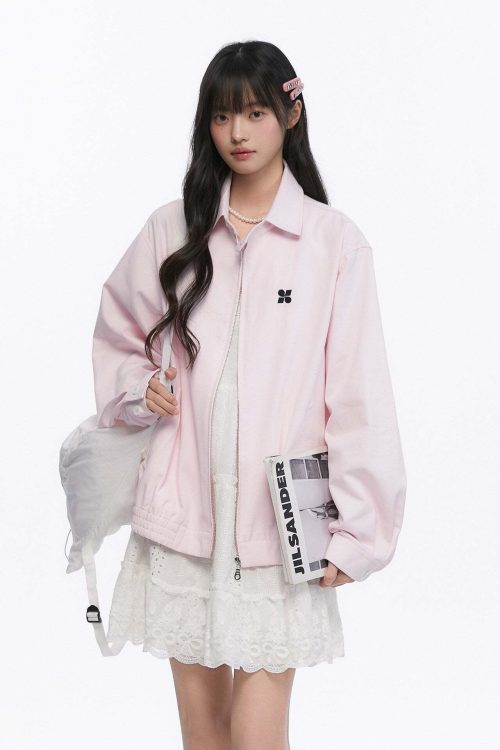 Pink Casual Polo Collar Jacket
