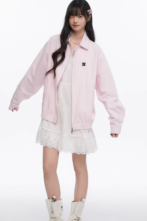Pink Casual Polo Collar Jacket