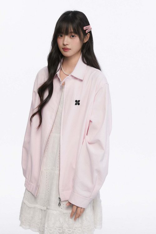 Pink Casual Polo Collar Jacket