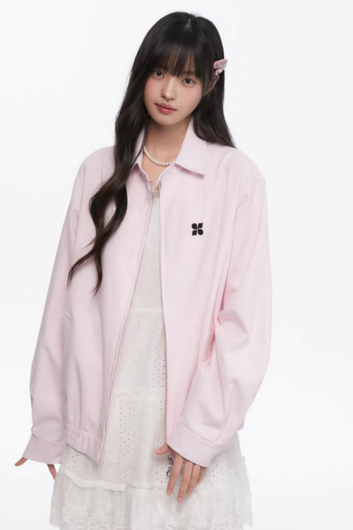 Pink Casual Polo Collar Jacket