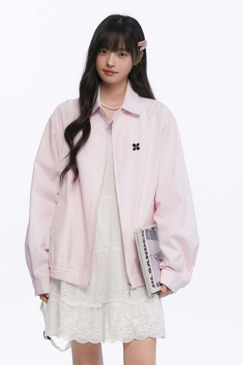 Pink Casual Polo Collar Jacket