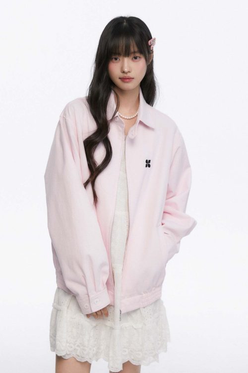 Pink Casual Polo Collar Jacket