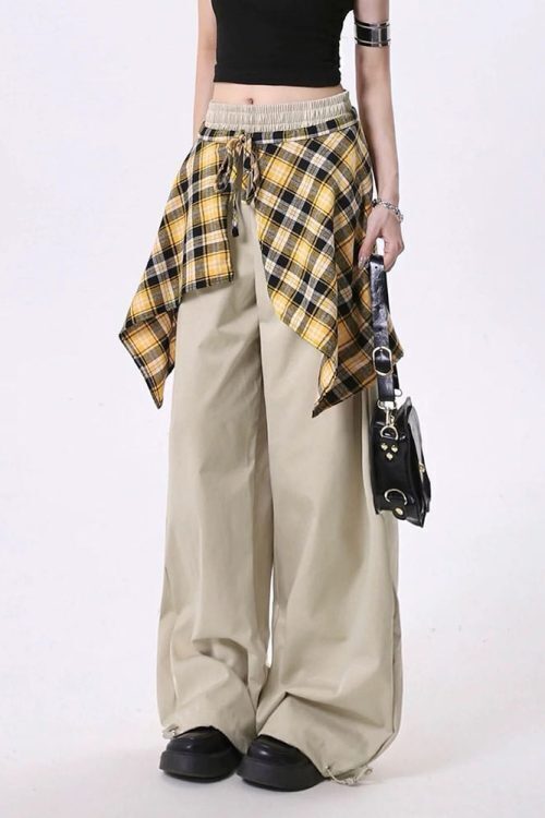 Plaid Shirt-Tied Baggy Trousers