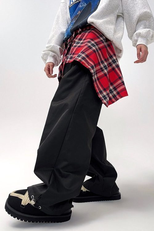 Plaid Shirt-Tied Baggy Trousers