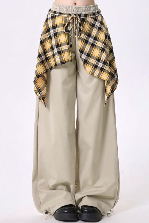 Plaid Shirt-Tied Baggy Trousers