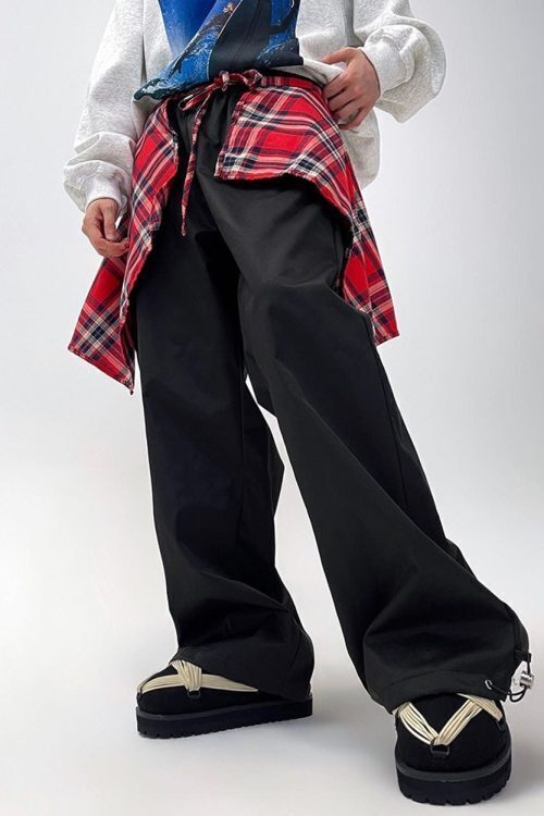 Plaid Shirt-Tied Baggy Trousers