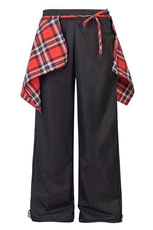 Plaid Shirt-Tied Baggy Trousers
