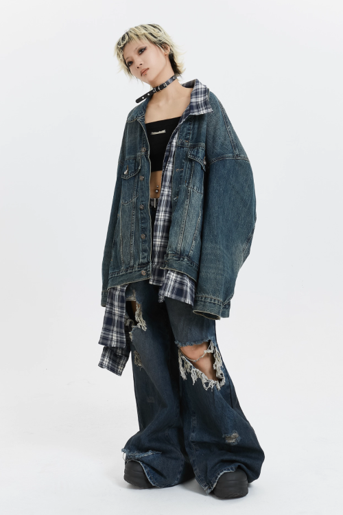 Plaid Shirt Vintage Denim Jacket