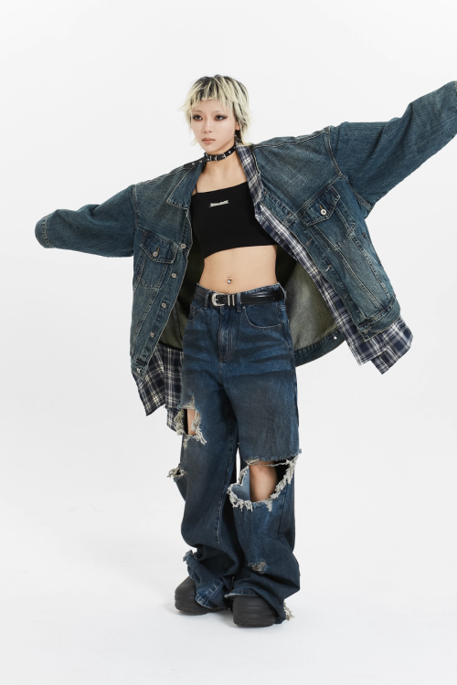 Plaid Shirt Vintage Denim Jacket