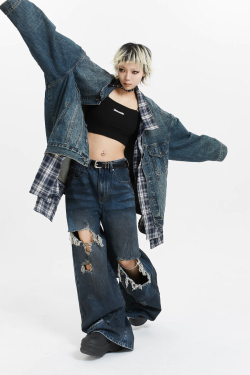 Plaid Shirt Vintage Denim Jacket