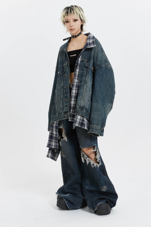 Plaid Shirt Vintage Denim Jacket