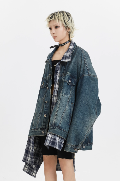 Plaid Shirt Vintage Denim Jacket