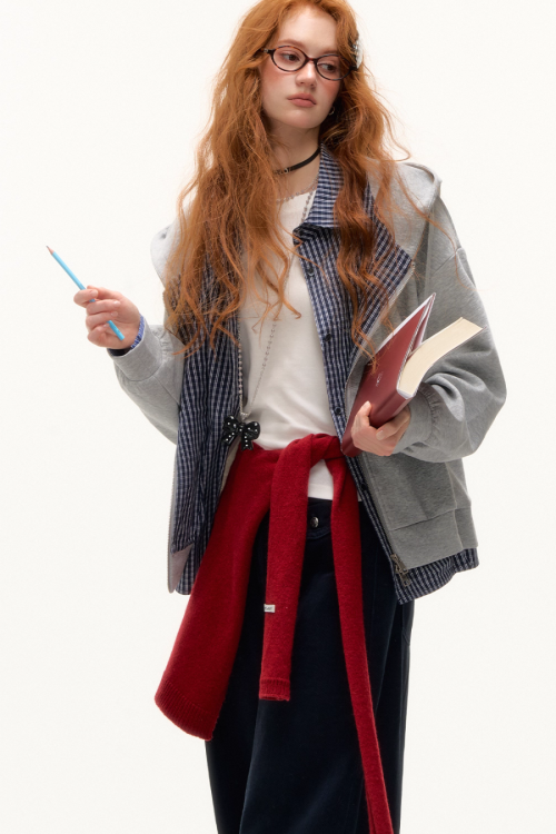 Plaid Spliced Hood Hoodie / Mini Skirt / Flare Pants