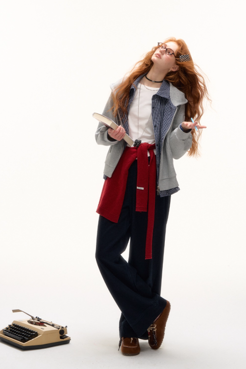 Plaid Spliced Hood Hoodie / Mini Skirt / Flare Pants