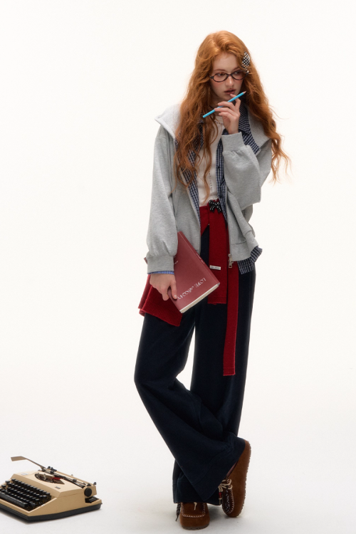 Plaid Spliced Hood Hoodie / Mini Skirt / Flare Pants