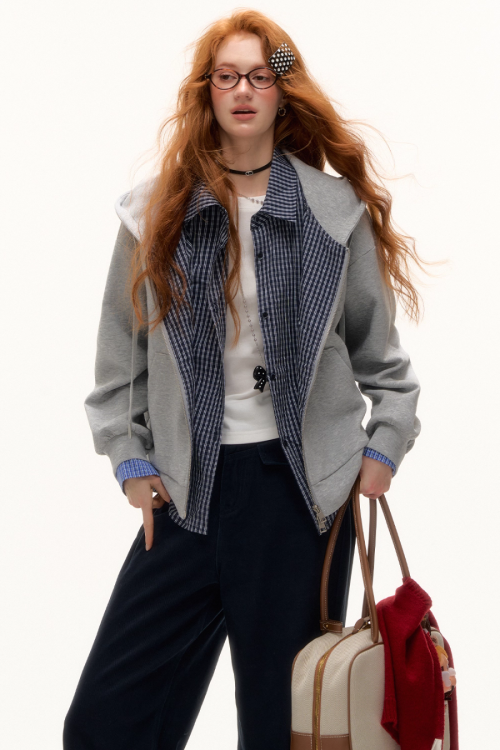 Plaid Spliced Hood Hoodie / Mini Skirt / Flare Pants