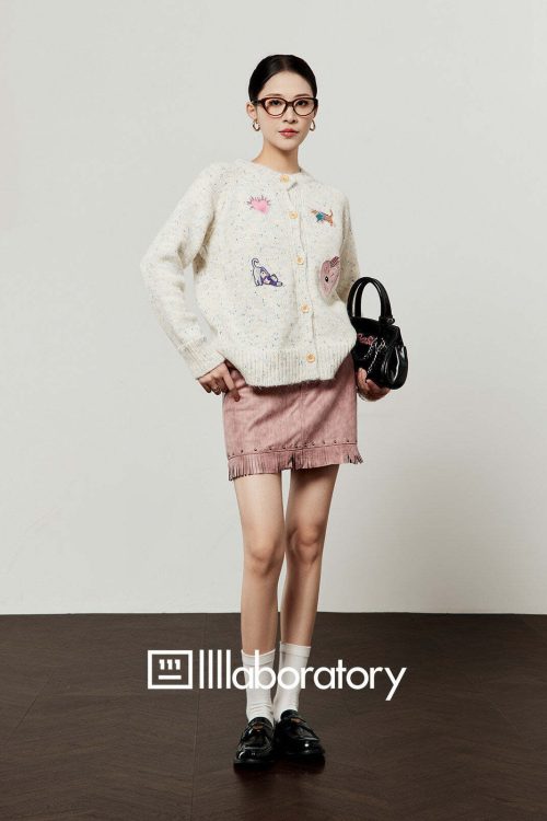Playful Patch Knit Top / Fringe Mini Skirt