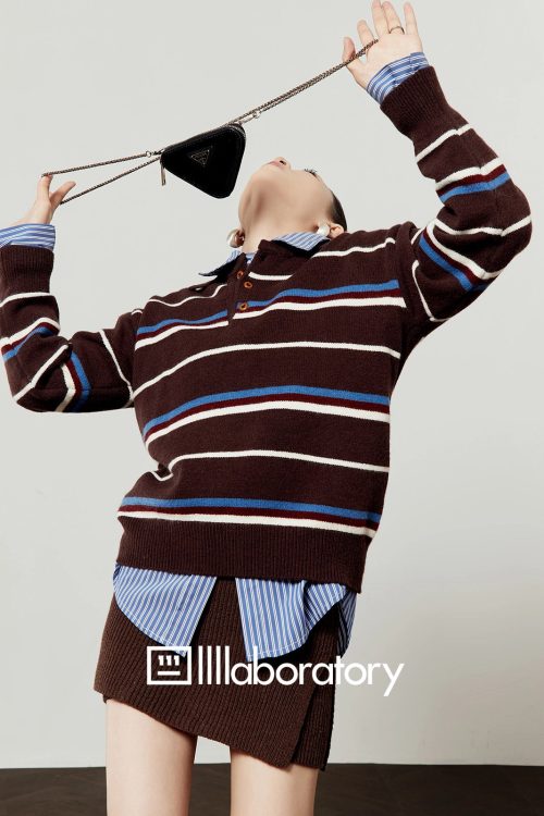 Polo Collar Coffee Knit / Blue Striped Shirt / Brown Knit Skirt