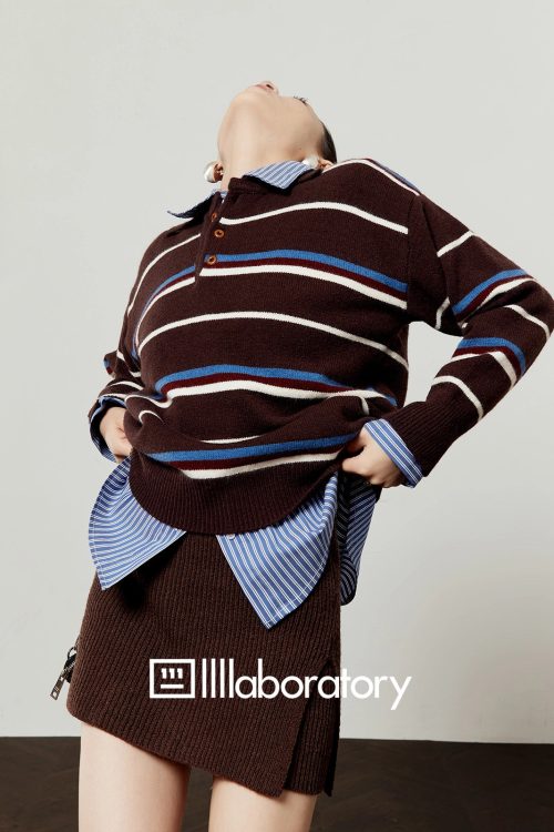 Polo Collar Coffee Knit / Blue Striped Shirt / Brown Knit Skirt