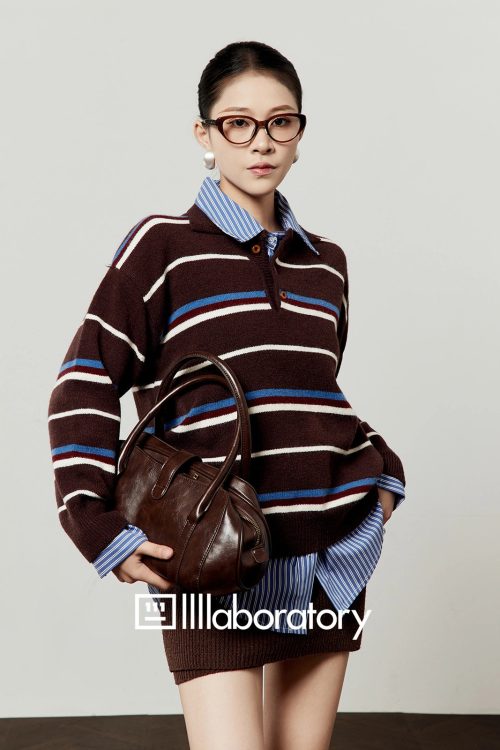 Polo Collar Coffee Knit / Blue Striped Shirt / Brown Knit Skirt